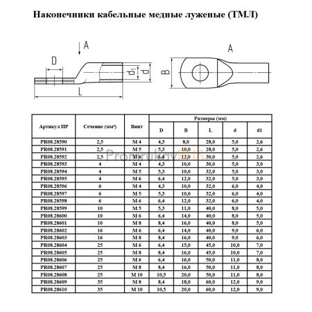 Фотография Наконечник медный луженый (ТМЛ) 6-4-4 (100 шт/уп), артикул PR08.28596
